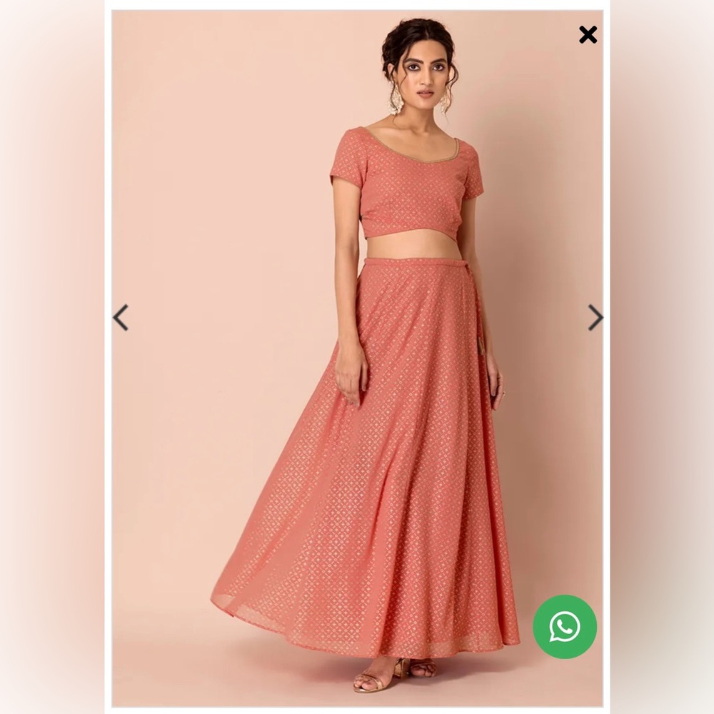 Peach Foil Flared Lehenga Skirt with Blouse, House of Indya, Size L